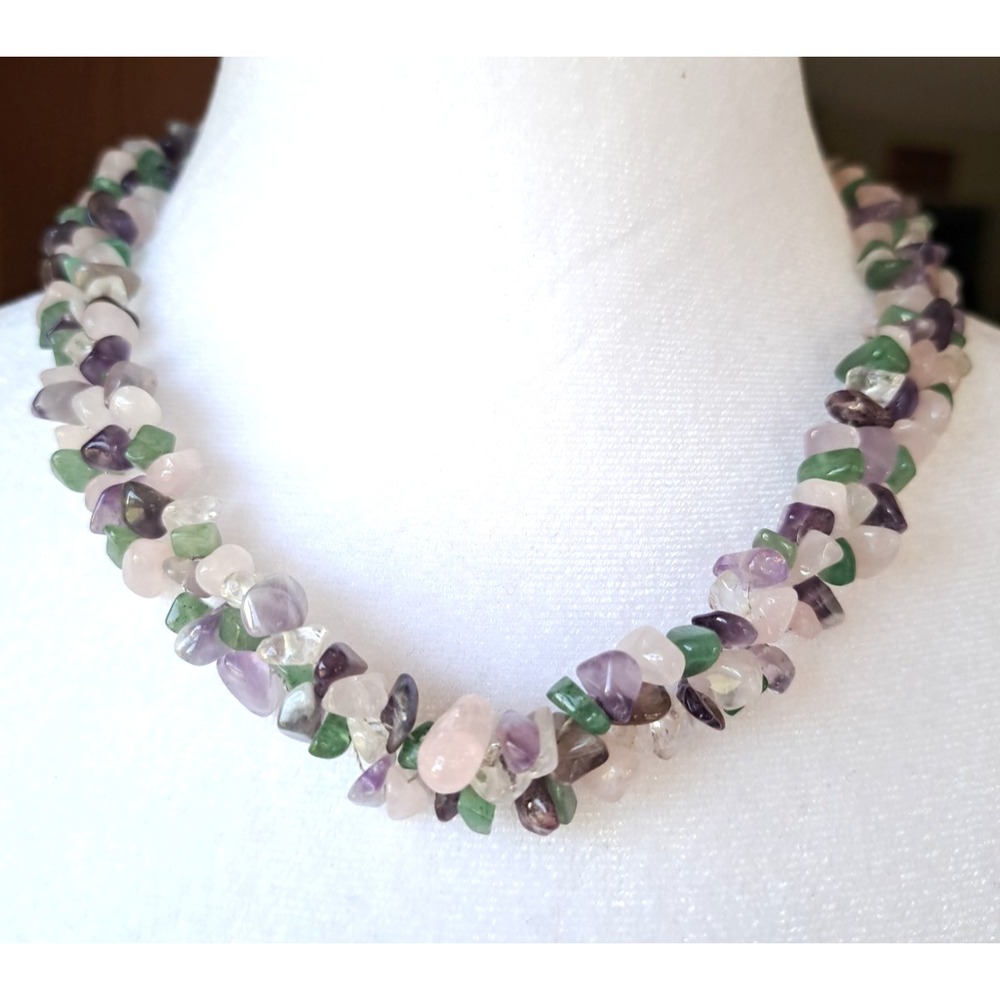 Gemstone Chip-Style Beaded Necklace Mixed Amethyst Quartz Jade Choker